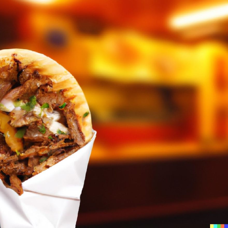 Doner kebab bag in front of blurred restaurant background